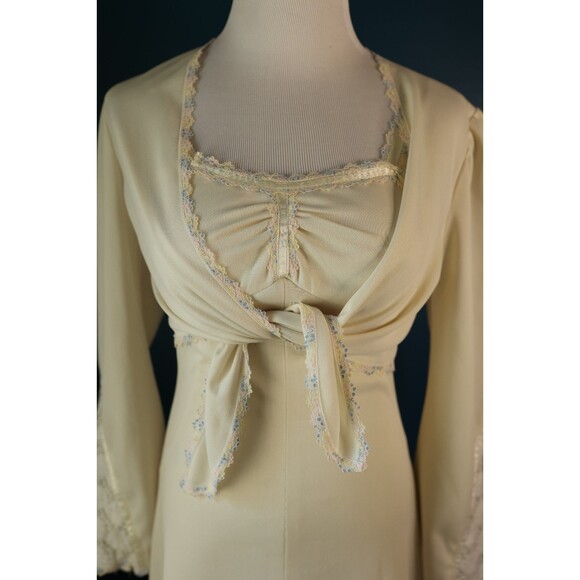 Vintage 70s Empire Waist Cream Maxi Dress Jacket Lace Trim Boho Prairie Bridal - Picture 3 of 16